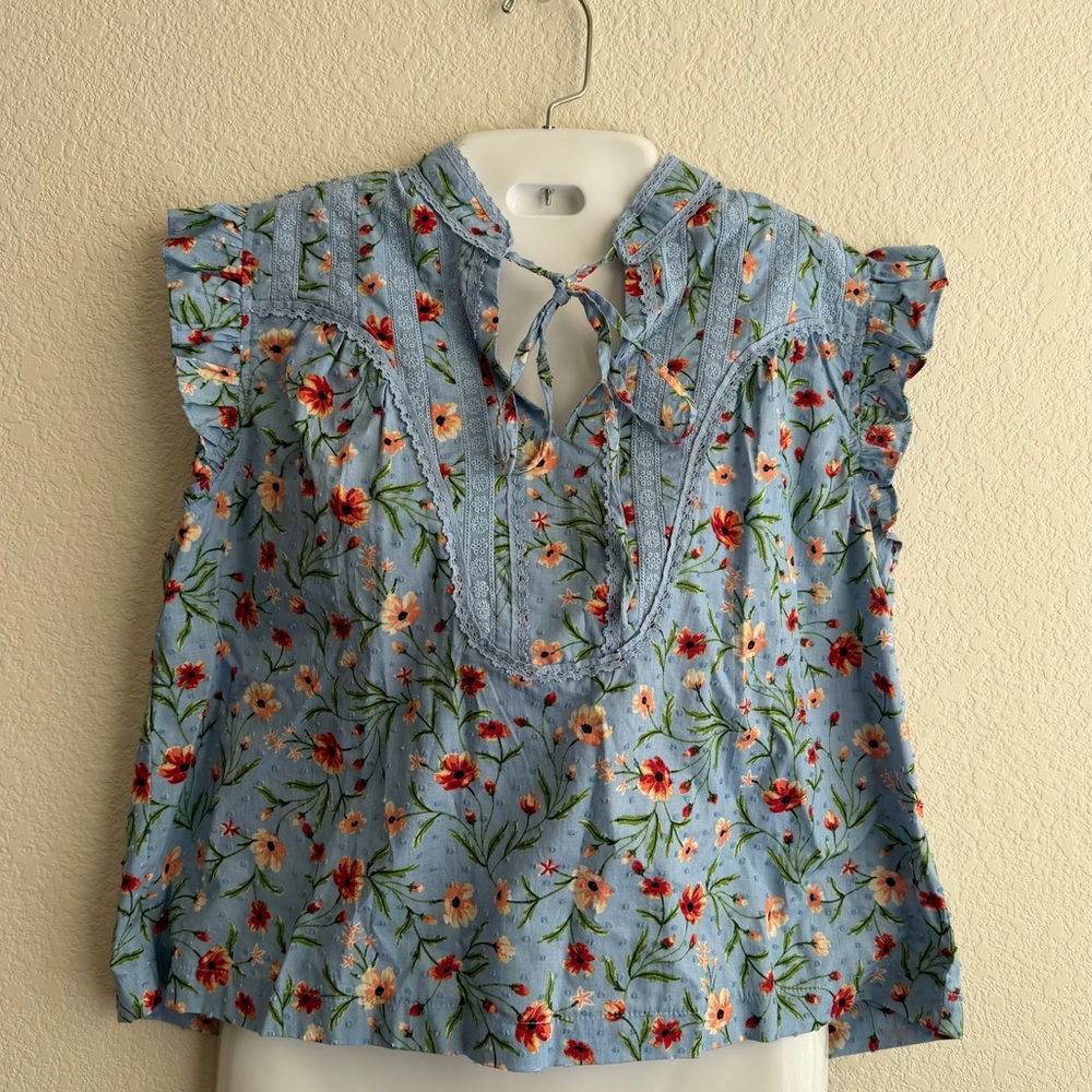 Olivaceous Blue Floral Ruffle Lace Trim Blouse - Size Small
